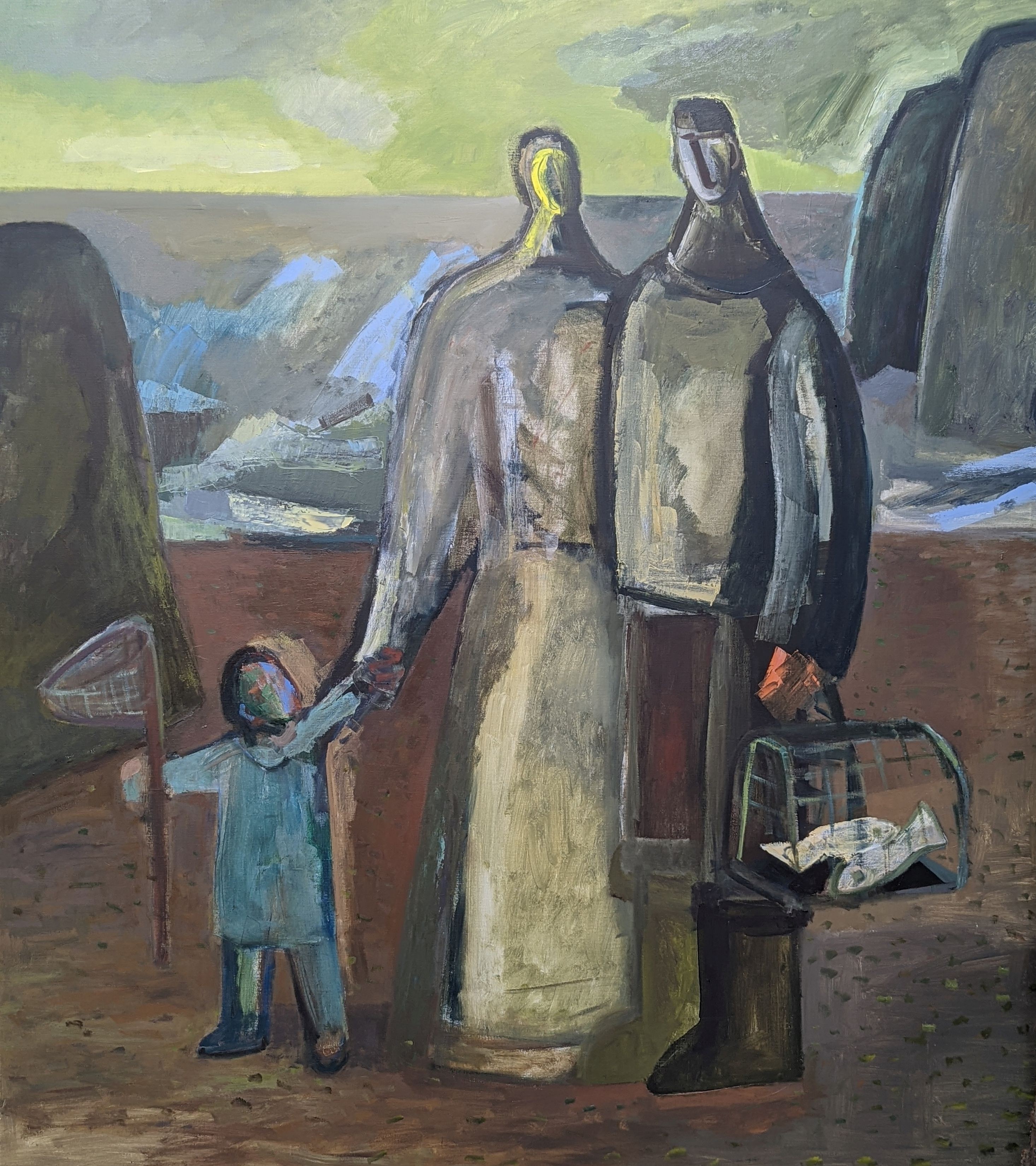 Davina Jackson (Contemporary), oil on canvas, 'The Fisherman's Family I', Boundary Gallery label verso dated 2002, 172 x 152cm